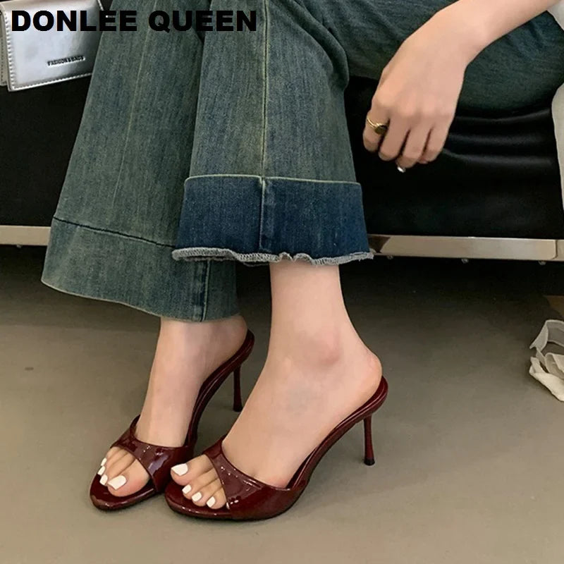2026 Fashion Sexy Thin High Heels Slides Women Open Toe Pumps Slip Sandal Female Slippers Mule Patent Leather Outdoor Flip Flops