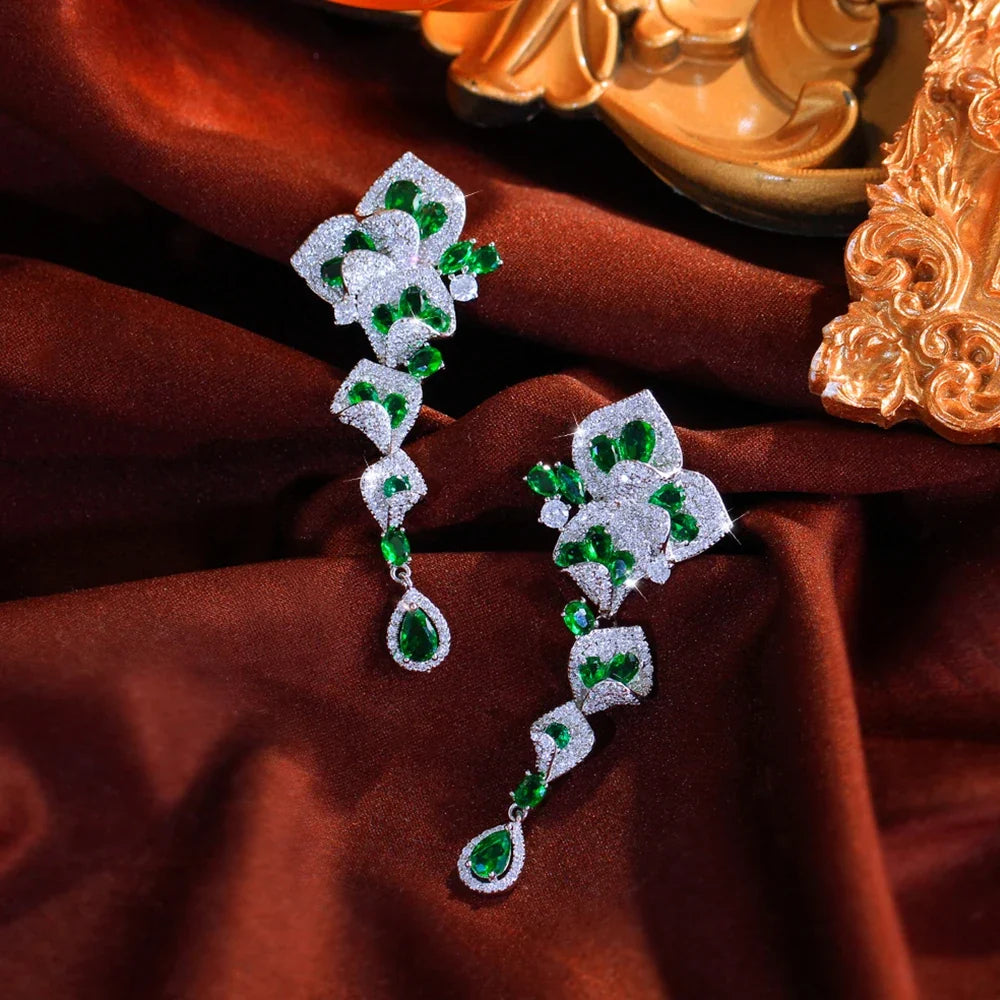 CWWZircons Elegant Green CZ Crystal Flower Water Drop Long Dangle Earrings for Women Beautiful Wedding Party Jewelry Gifts E1159