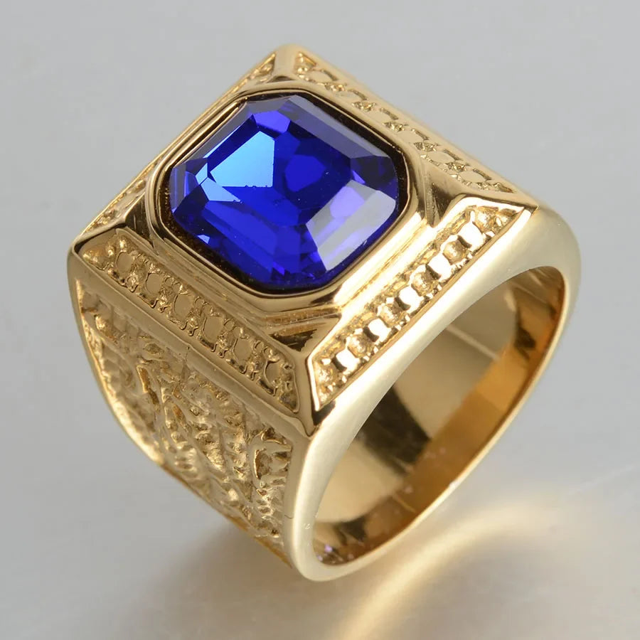 Keisha Lena Gold Plated Titanium Steel Inlay Red Blue Square Stone Men Ring Australian Gem Zirconia Wedding Ring Christmas Gift