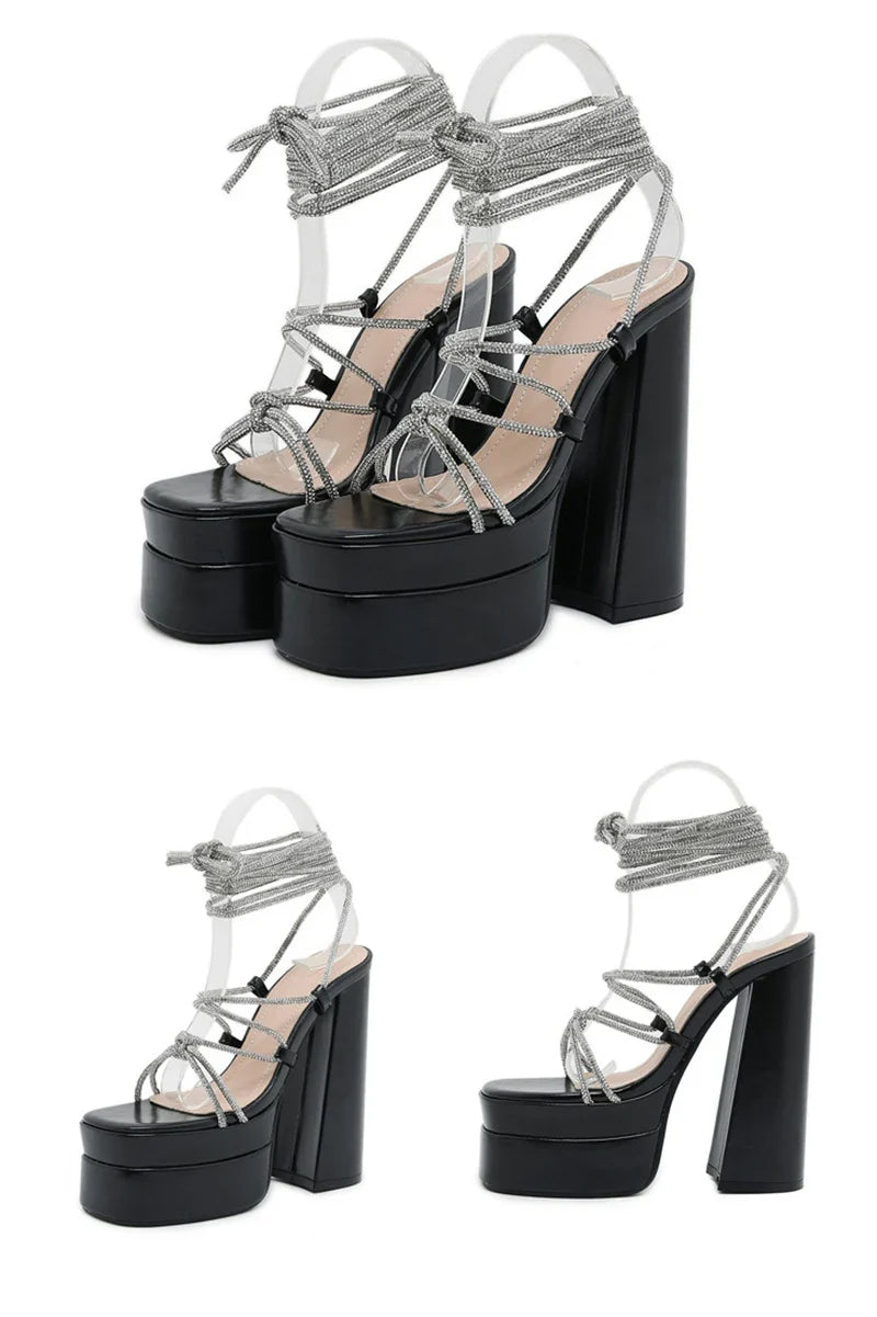 MM2025 New Arrival Rhinestone Embellished Knot T-Strap Heels Roman Peep-toe Summer Sandals Shiny Perfomance Anniversary Footwear