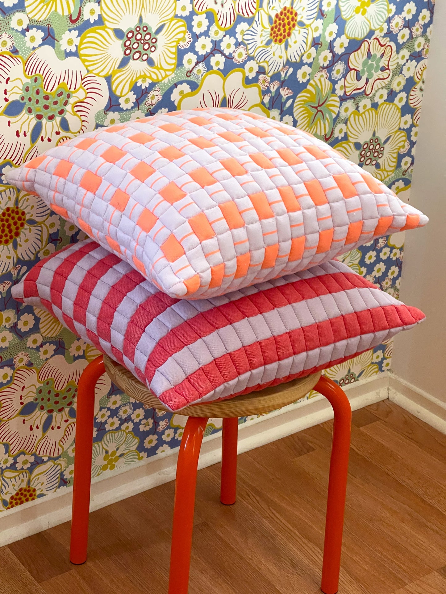 Sujani Quilted Pillow — Soft Lilac and Red