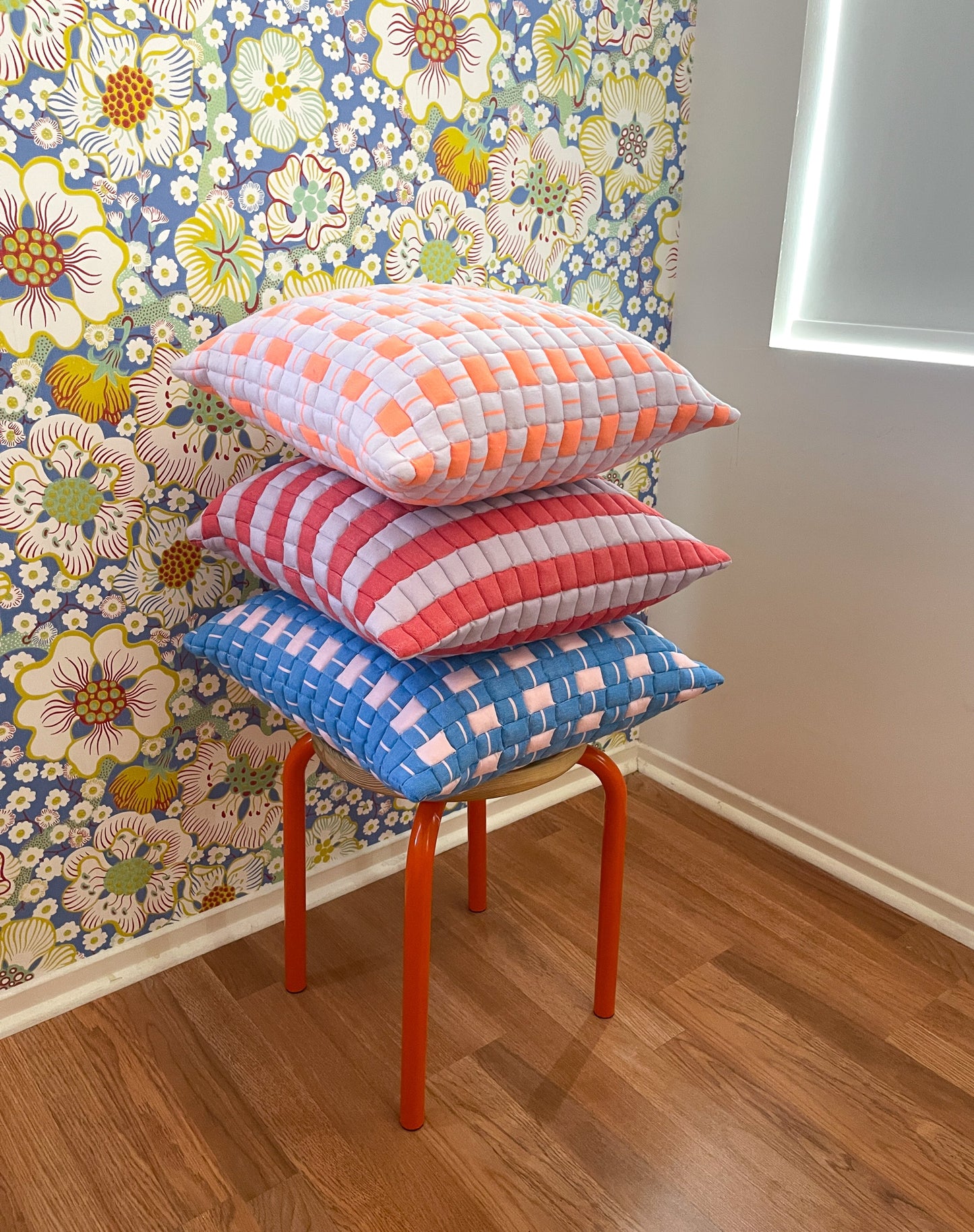 Sujani Quilted Pillow — Pastel Lilac and Neon Orange