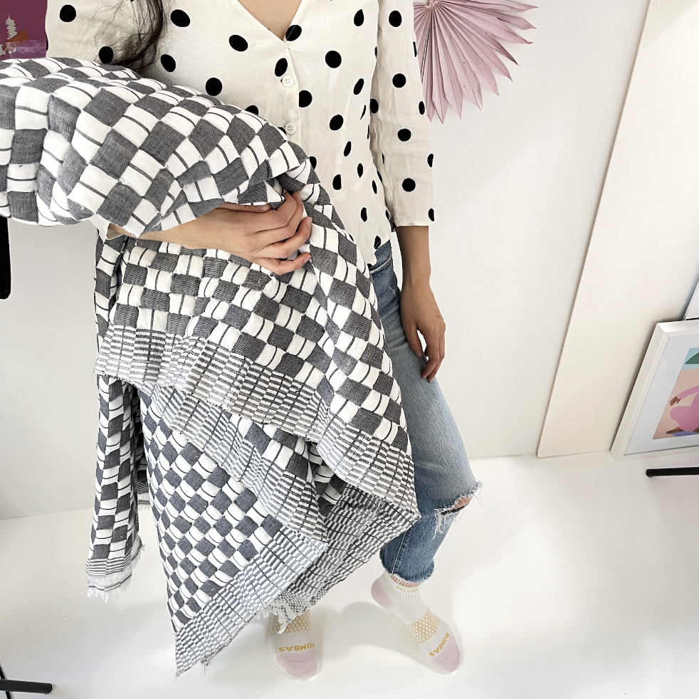 Quilted Sujani Throw Blanket - Soft Black & White