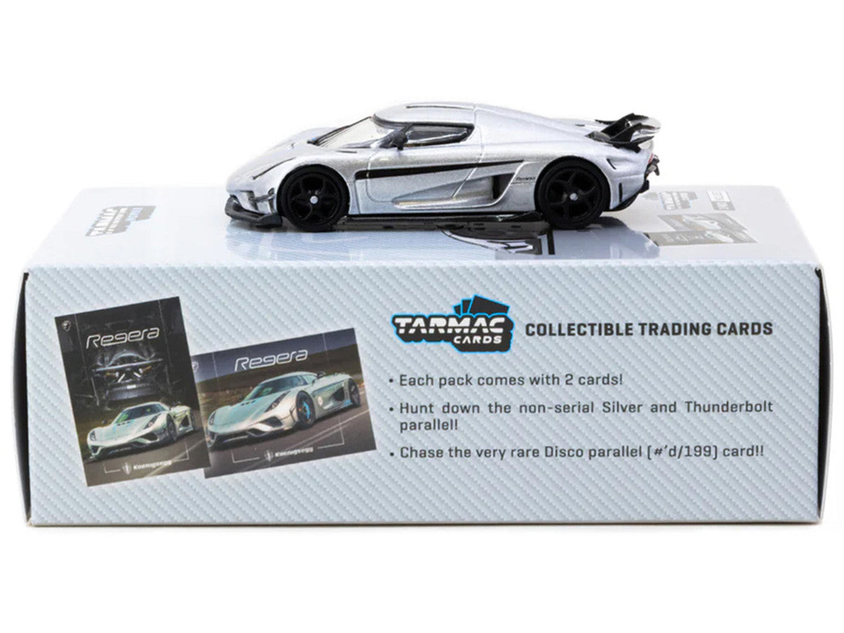 Koenigsegg Regera Silver Metallic with Blue Accents and Collectible Tarmac Cards "Global64" Series 1/64 Diecast Model Car by Tarmac Works