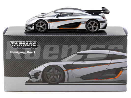 Koenigsegg One:1 Silver Metallic with Black Stripes "Global64" Series 1/64 Diecast Model Car by Tarmac Works