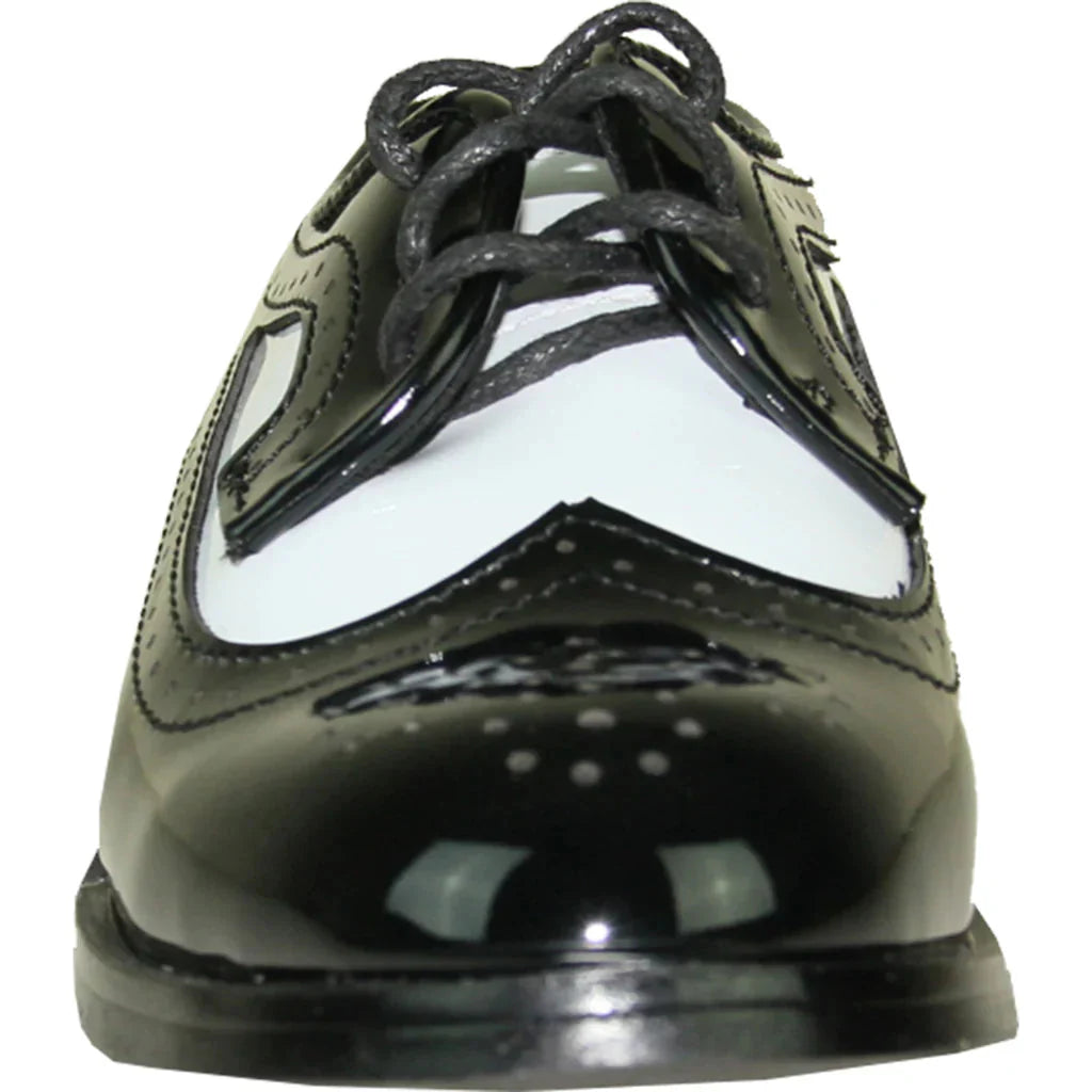 VANGELO Boy Dress Shoe TAB-3KID Oxford Formal Tuxedo for Prom & Wedding Black/White Patent Two Tone