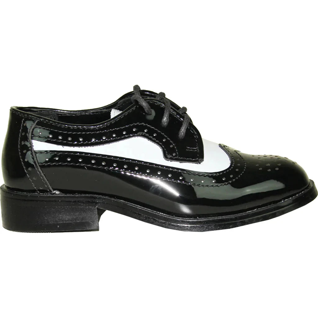 VANGELO Boy Dress Shoe TAB-3KID Oxford Formal Tuxedo for Prom & Wedding Black/White Patent Two Tone