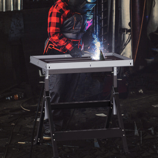 Folding Welding Table Welding Workbench with 2 Fixed Wheels 4-Level Height-Black