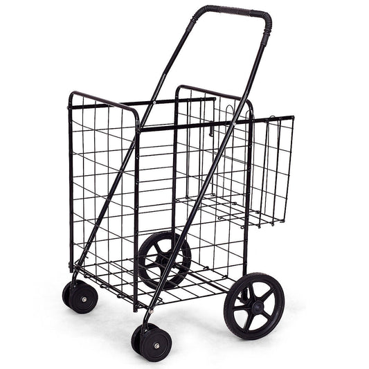 Folding Shopping Cart for Laundry with Swiveling Wheels and Dual Storage Baskets-Black - Color: Black