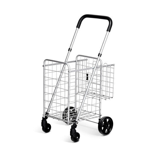 Folding Shopping Cart Basket Rolling Trolley with Adjustable Handle-Silver - Color: Silver