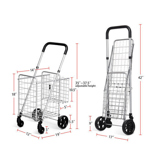Folding Shopping Cart Basket Rolling Trolley with Adjustable Handle-Silver - Color: Silver