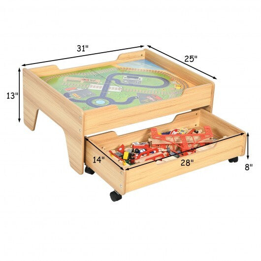 Kids Wooden Train Set Table with 100 Multicolor Pieces and Lockable Wheels