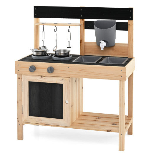 Mud Kitchen Playset Kids Play Kitchen Outdoor with 2 Removable Sinks-Natural