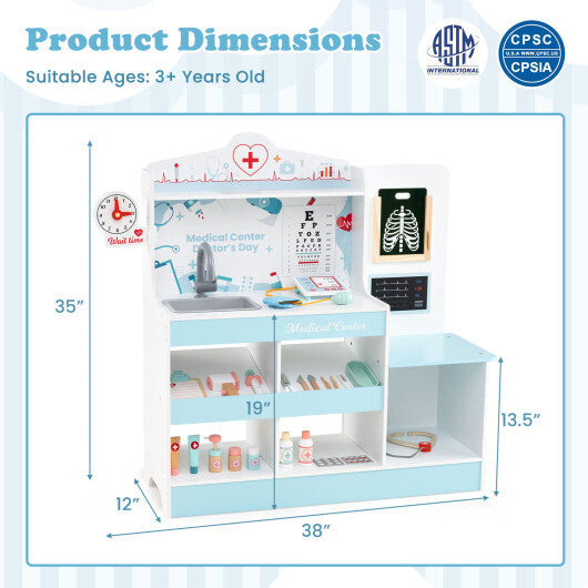 Wooden Doctor Playset with Stethoscope for Toddlers over 3 Years Old-Blue