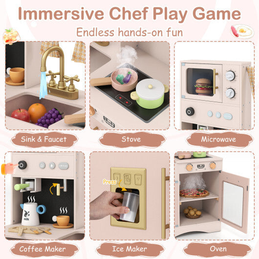 Wooden Kids Pretend Play Toy Kitchen with Microwave and Coffee Maker for Boys & Girls Ages 3+-Pink