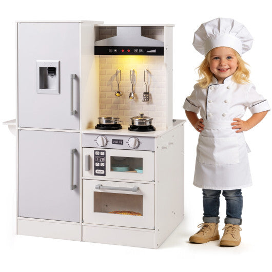 Dual-Sided Kids Play Kitchen with Water Dispenser and Range Hood for 3+ Years Old-White