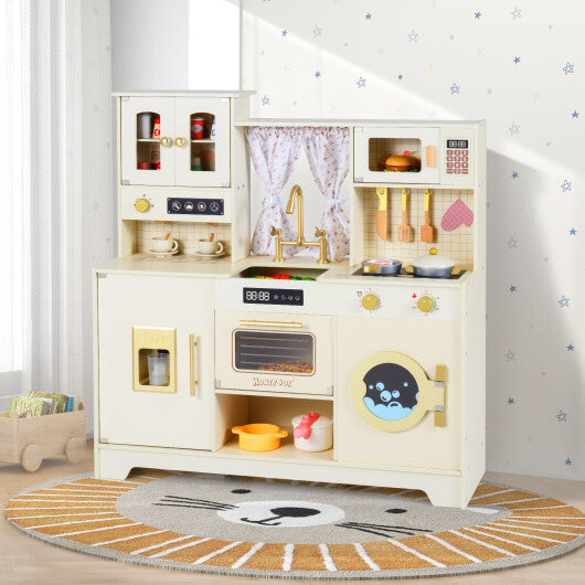 Wooden Toy Kitchen Playset with 14 Accessories for Aged 3+ Years-Beige