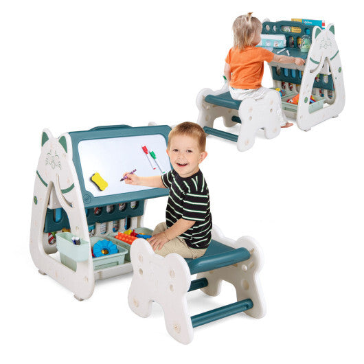 3-In-1 Double Sided Magnetic Dry-Erase Board with Stool and Flipped Writing Desktop-Navy