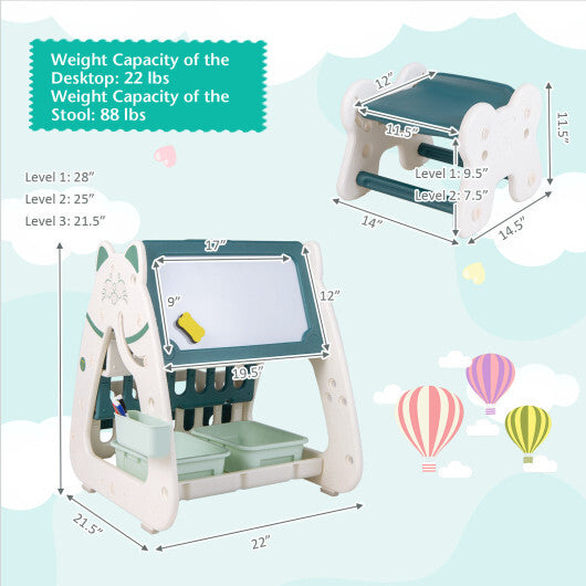3-In-1 Double Sided Magnetic Dry-Erase Board with Stool and Flipped Writing Desktop-Navy
