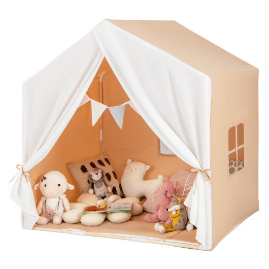 Kid's Play Tent with Washable Cotton Mat and Flag Banner-Orange