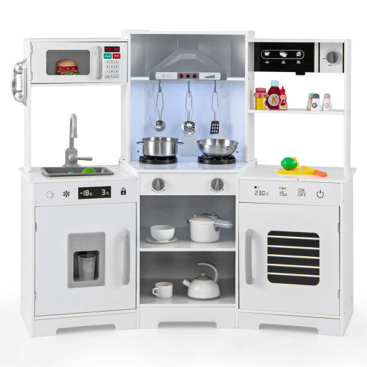 Pretend Play Kitchen Wooden Toy Set with Range Hood Real Sounds and Lights-Brown