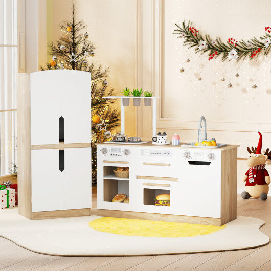 Wooden 2 Piece Kids Kitchen Playset with Fridge and Running Water-Gray