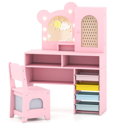 Kids Vanity with Lights and 5 Drawers for Kids Aged 3+ Years Old-White