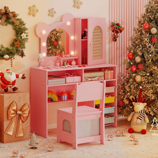 Kids Vanity with Lights and 5 Drawers for Kids Aged 3+ Years Old-White