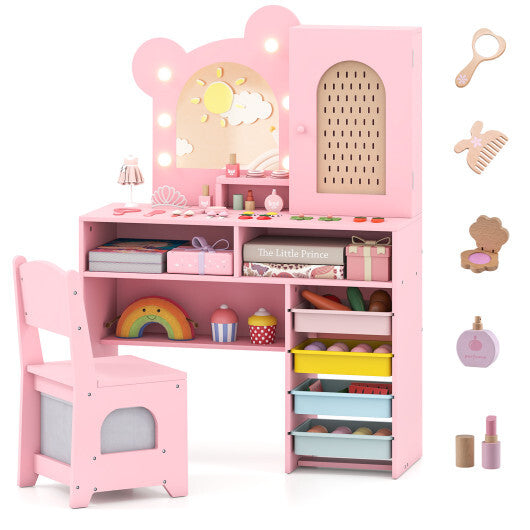 Kids Vanity with Lights and 5 Drawers for Kids Aged 3+ Years Old-White