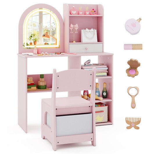 Kids Vanity Set Princess Girls Makeup Vanity Desk with Chair and 3-Color LED Lighted Mirror-White