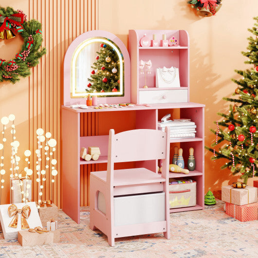 Kids Vanity Set Princess Girls Makeup Vanity Desk with Chair and 3-Color LED Lighted Mirror-White