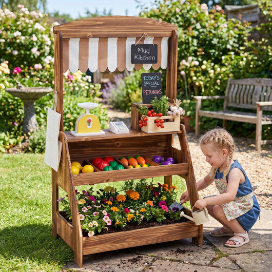 2-in-1 Wooden Mud Kitchen and Market Stand for Kids Outdoor with Planter Box and 2 Chalkboards-Natrual