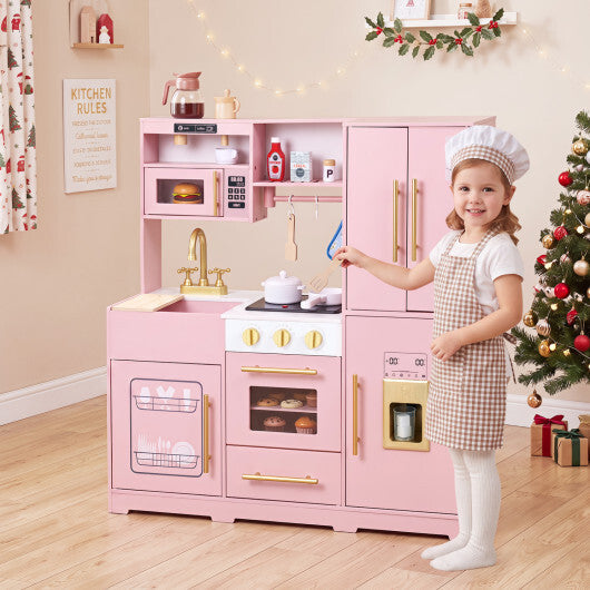 Wooden Play Kitchen with Lights & Sounds and Sink Stove Oven for Kids Ages 3+-Pink