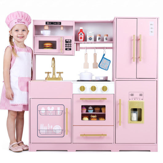 Wooden Play Kitchen with Lights & Sounds and Sink Stove Oven for Kids Ages 3+-Pink