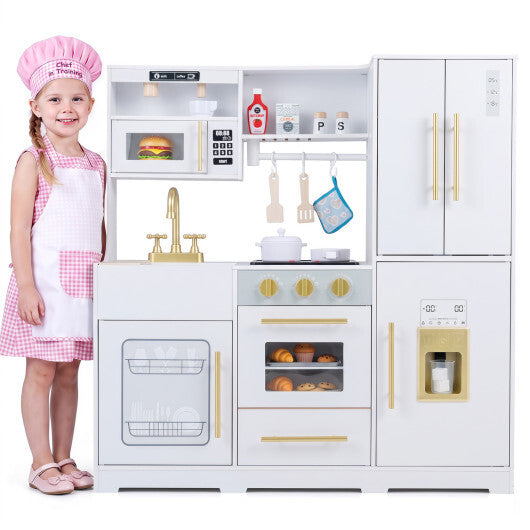 Wooden Play Kitchen with Lights & Sounds and Sink Stove Oven for Kids Ages 3+-Pink
