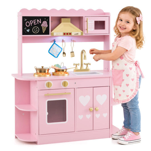 Wooden Play Kitchen with Lights & Sounds and Stove Oven for Toddlers Ages 3+-Pink