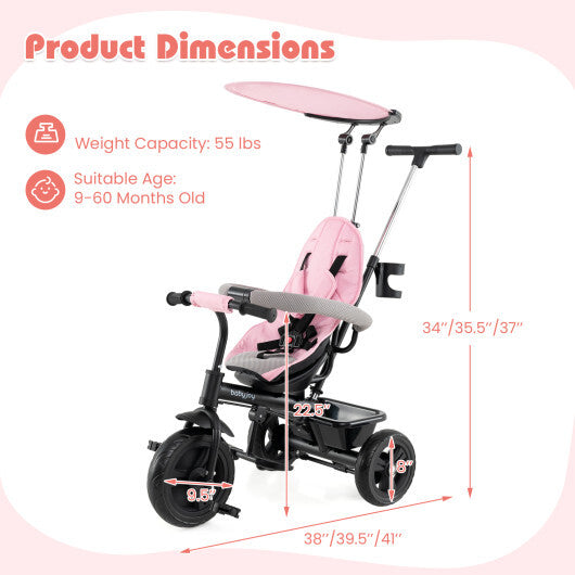 7-in-1 Baby Stroller Tricycle with Adjustable Canopy and Foldable Footrests for Ages 9-60 Months Old-Gray