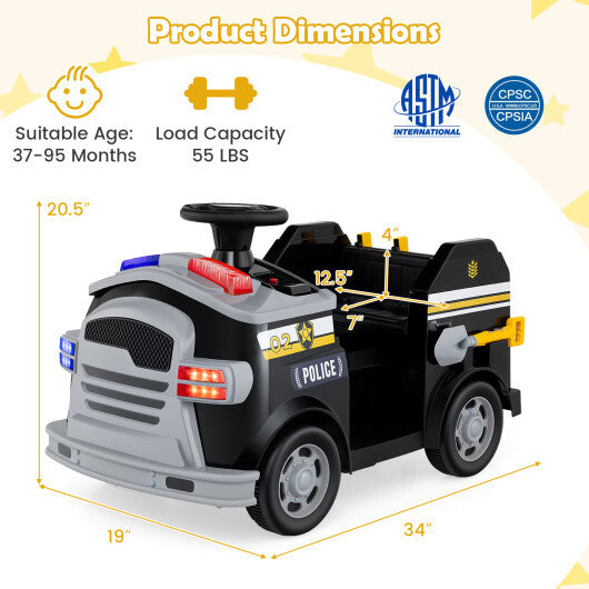 12V Toddler Fire Toy Car with Shovel and Wrench for Ages 37-95 Months-Black