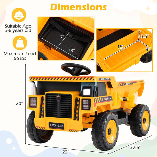 24V Construction Electric Vehicle with Dump Bed and Remote Control for Aged 3-8-Yellow - Color: Yellow