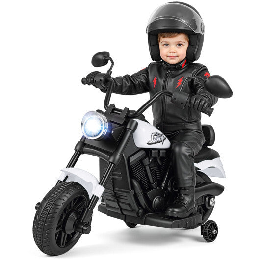 6V Kids Motorcycle with Headlight and Music and Training Wheels-White