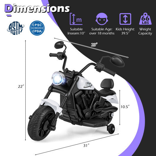 6V Kids Motorcycle with Headlight and Music and Training Wheels-White