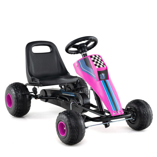 4-Wheel Ride On Toy Pedal Go Kart for Kids with Steering Wheel and Safe Handbrake-Pink - Color: Pink