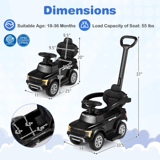 3-In-1 Licensed Ford Push Car for Toddlers-Black