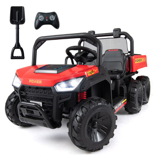 24V 2-Seater Kids Ride on Dump Truck 4WD with Electric Dump Bed and Lights-Red - Color: Red