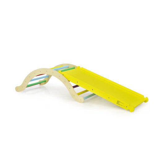 3-in-1 Kids Climber Set Wooden Arch Triangle Rocker with Ramp and Mat - Color: Yellow