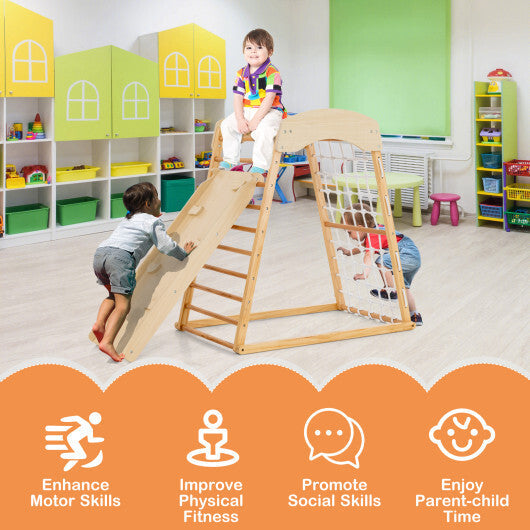 6-in-1 Jungle Gym Wooden Indoor Playground with Double-Sided Ramp and Monkey Bars-Multicolor