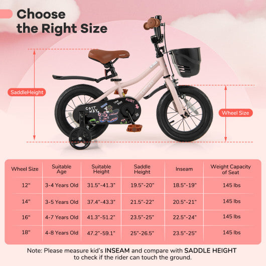 12 Inch Kids Bike with Helmet Protective Set Black & Pink