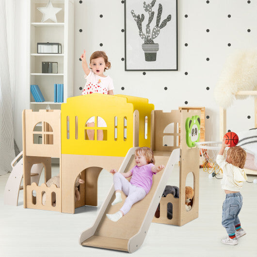 7-in-1 Toddler Slide Set for Kids with Climber and Basketball Hoop-Multicolor