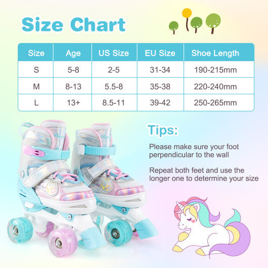 Kids Roller Skates 4 Sizes Adjustable Quad Skates with Light-up Wheels and Safety Protection-Rose Red