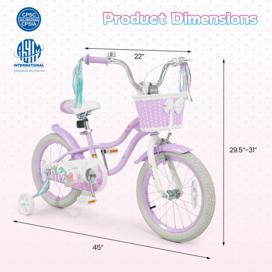 16 Inch Kids Bike Adjustable with Basket and Streamers Purple - Princess of the Sea Theme - Color: Purple - Size: 16 inches